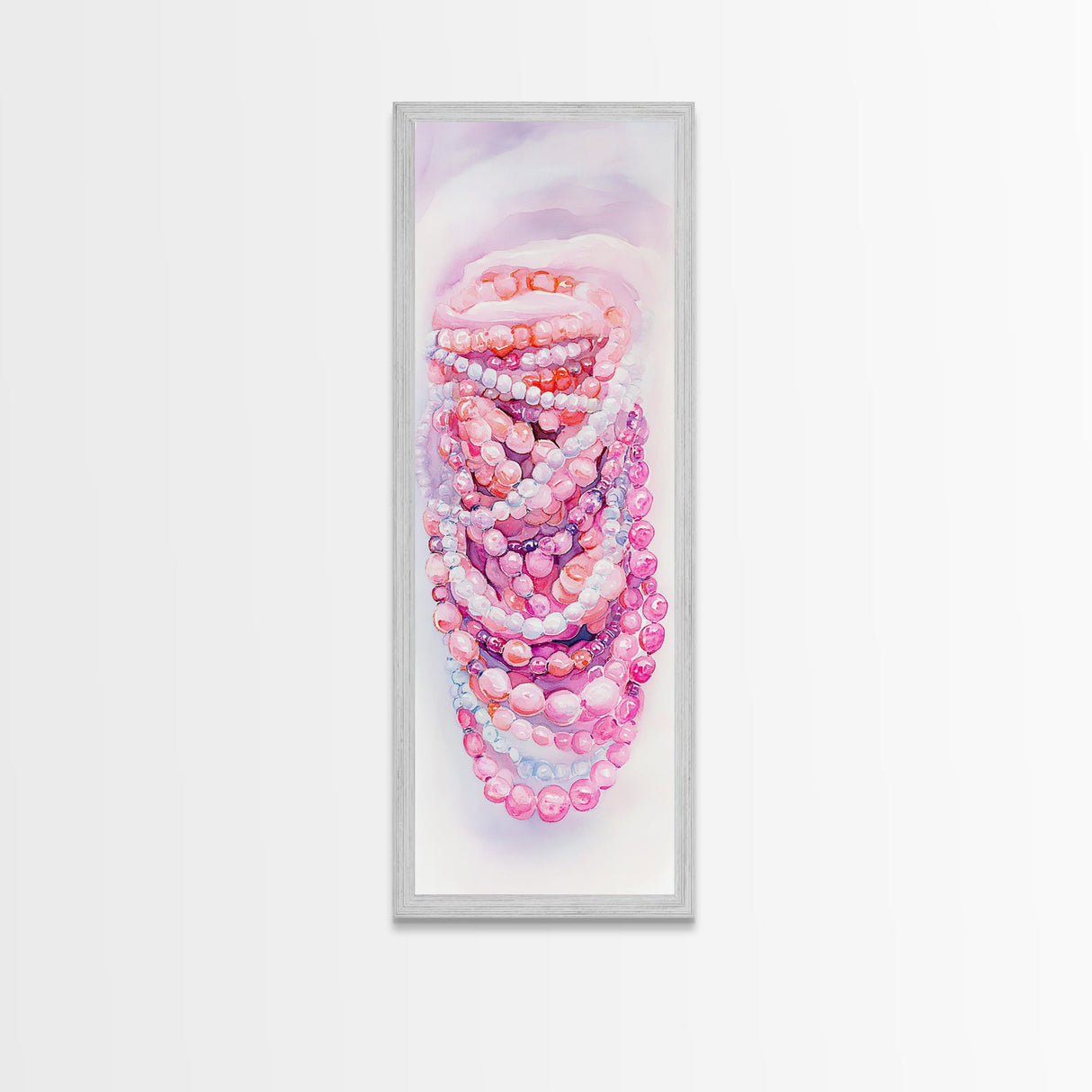 Pastel Beads Canvas Print - Whimsical Tall Narrow Art, Pink Pearl Inspired Jewelry Painting, Vertical Art for Boho Bedroom