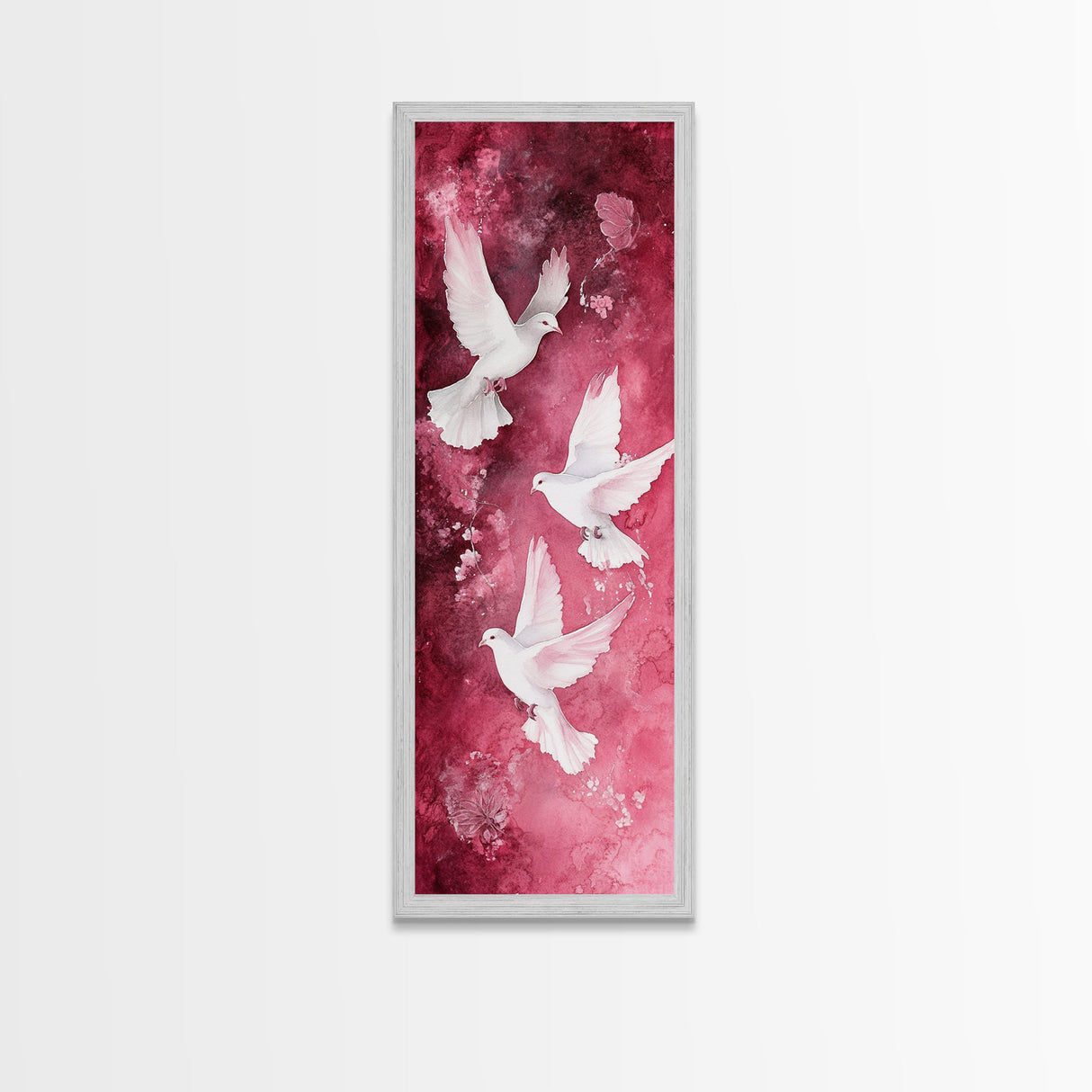 White Doves Canvas Print - Angel Art Prints on Burgundy Background, Symbolic Bird Art, Light Pink Abstract Vertical Wall Decor