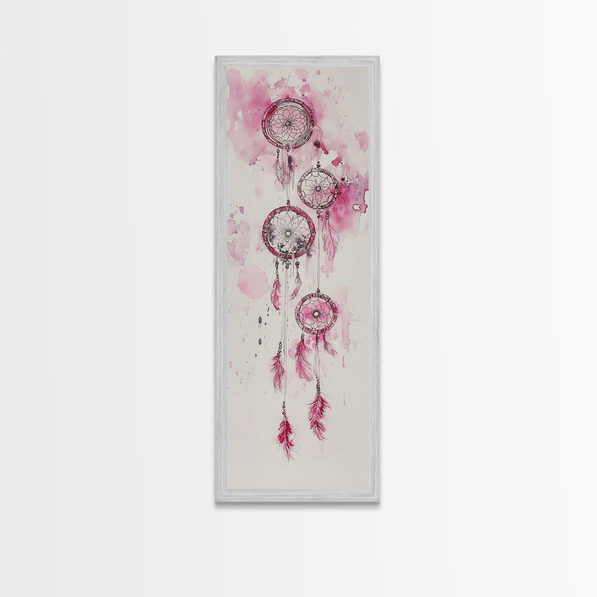 Dreamcatcher Pink Feathers Framed Canvas Print Boho Wall Art Minimalist Long Narrow Art Bedroom Decor Vertical Dorm Wall Art