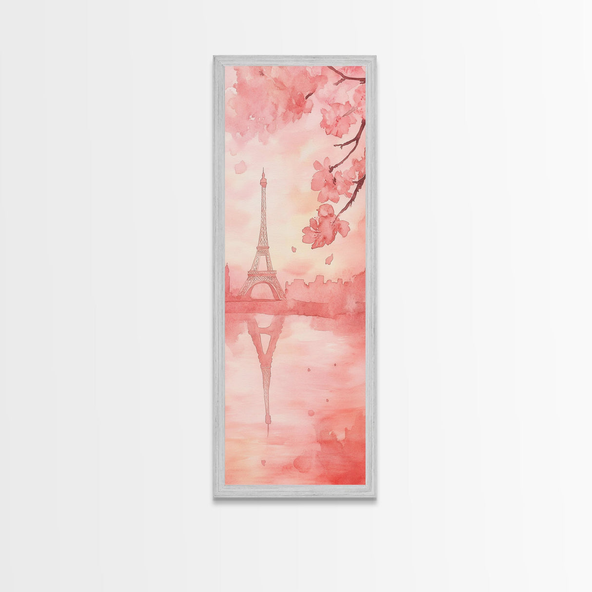 Eiffel Tower Reflection Pink Cherry Blossom Canvas Print Paris Wall Art Romantic Landscape Long Narrow Above Bed Vertical Art