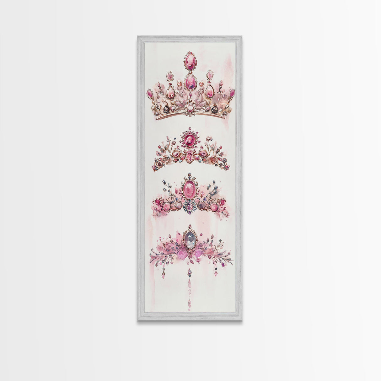 Royal Pink Tiara Framed Canvas Print Princess Gemstone Painting Feminine Wabi Sabi Art Vertical Wall Art Elegant Home Decor