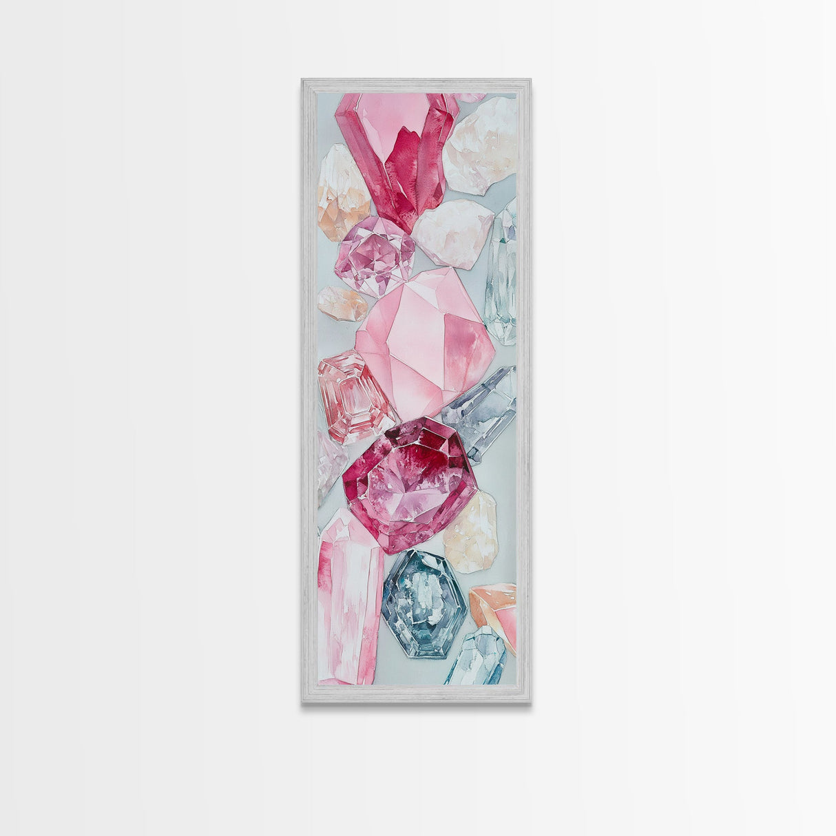 Gemstone Watercolor Painting Framed Canvas Print, Whimsical Pink Abstract Wall Art, Geometric Skinny Vertical Bedroom Art
