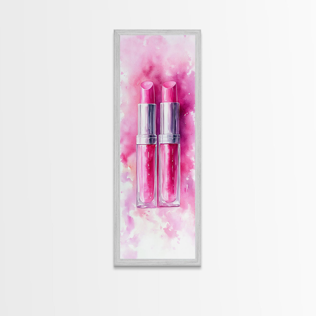Pink Lipstick Duo Canvas Print, Whimsical Minimalist Vertical Wall Art, Light Pink Cosmetic Art, Gift Idea, Bedroom Skinny Artwork