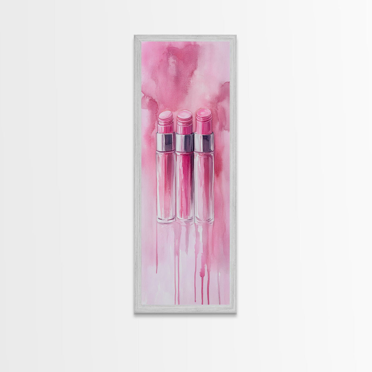 Glossy Pink Lipstick Trio Framed Canvas Print in Minimalist Vertical Wall Art for Fashion and Makeup Room Décor