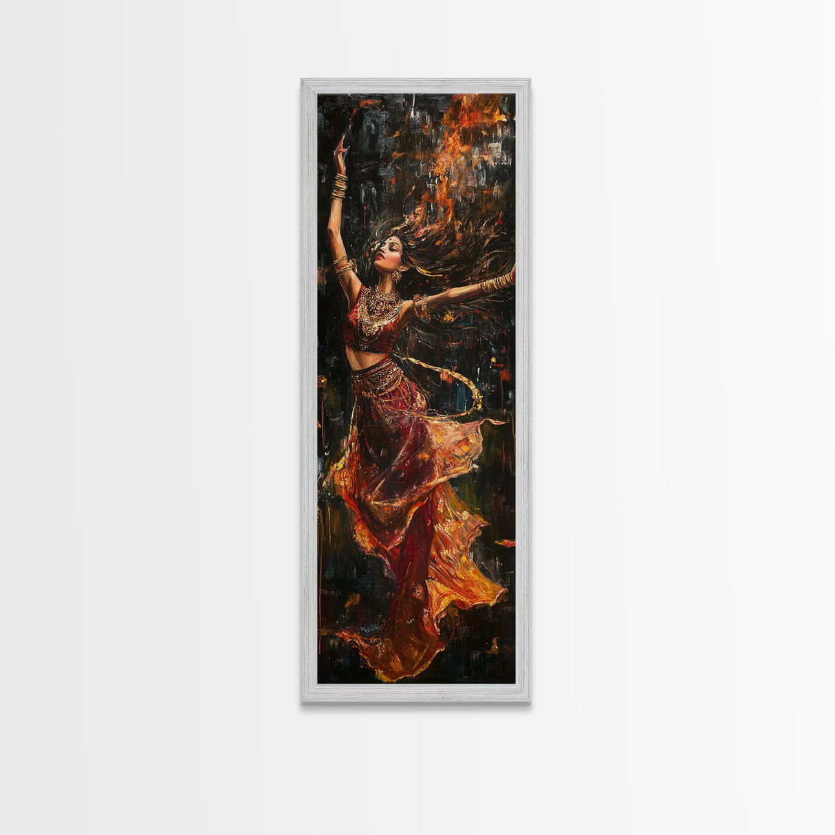 Dancing Woman Framed Canvas Print, Fiery Dark Romance Painting, Original Vertical Art for Bold Bedroom or Statement Living Room Decor