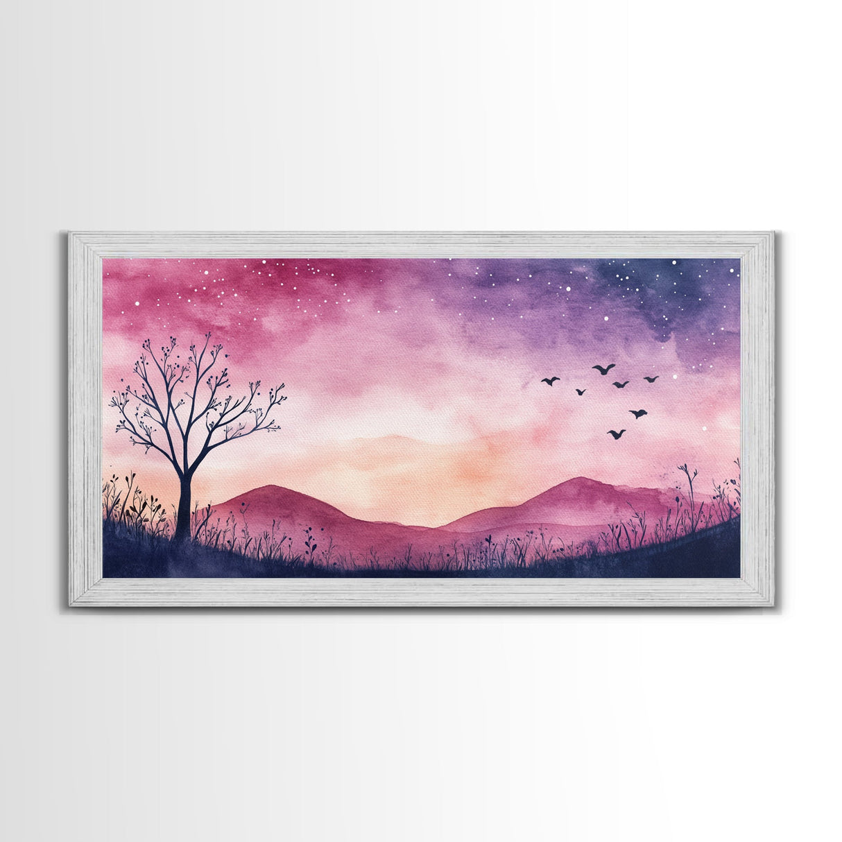 Twilight Meadow Framed Canvas Print, Whimsical Starry Night Art, Moody Nature Painting, Dreamy Purple Landscape, Wall Decor Gift Idea
