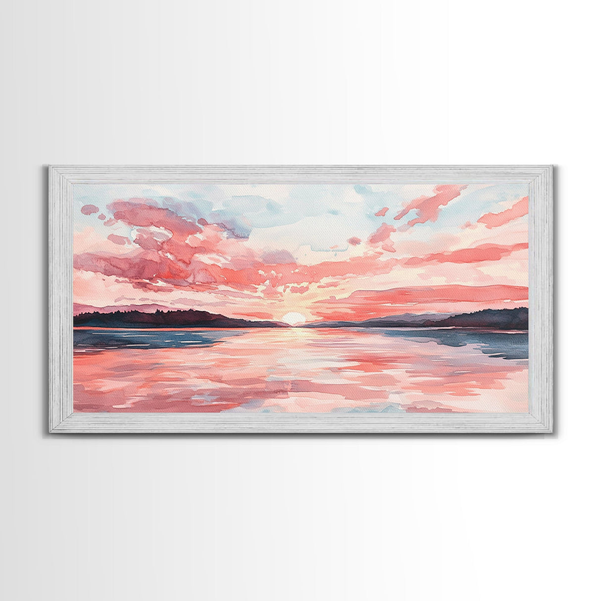 Serene Pink Sunset Canvas Print | Coastal Landscape Art | Nautical Wall Decor | Bedroom Above Bed Art | Horizontal Panoramic Artwork