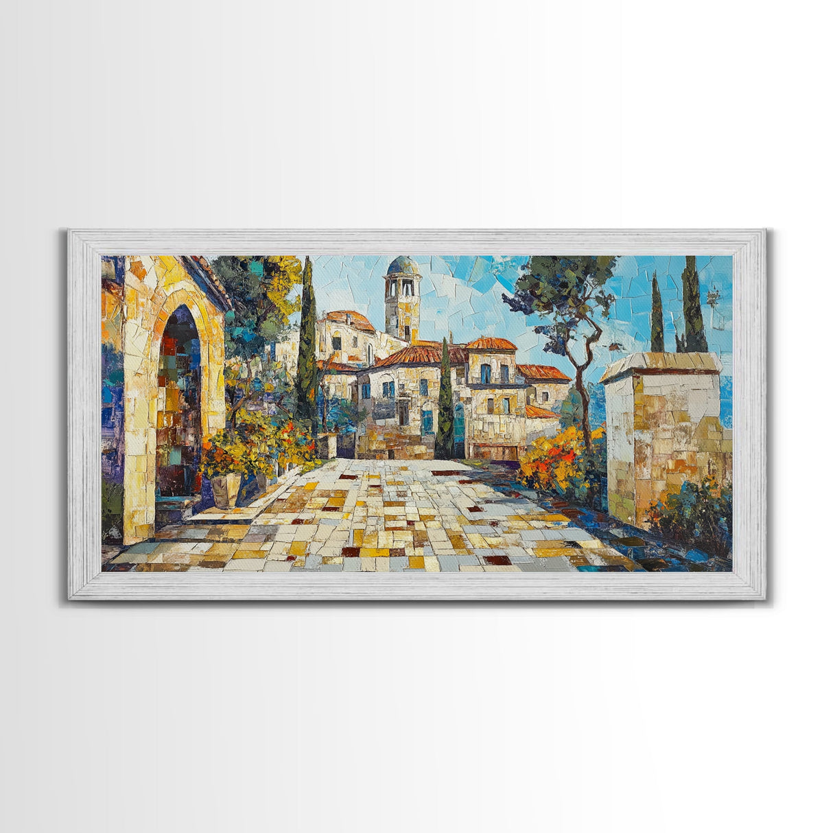 Mediterranean Village Mosaic Framed Canvas Print - Vibrant Coastal Landscape Art - Nautical Decor Living Room Rustic Wall Art