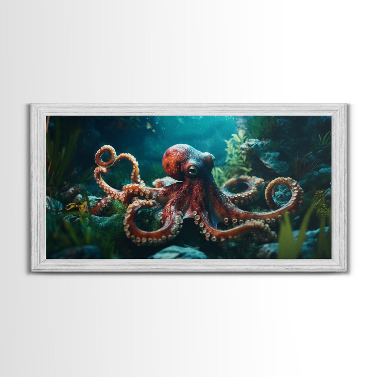 Majestic Octopus Framed Canvas Print, Coastal Decor Wall Art, Marine Wildlife Painting, Ocean Life Nautical Theme, Rustic Home Art