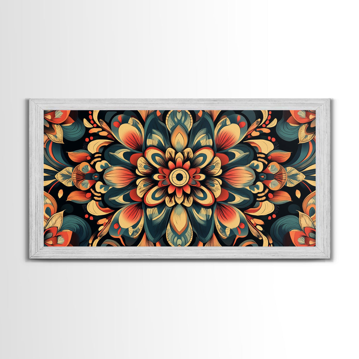 Kaleidoscopic Mandala Design Framed Canvas Print, Boho Wall Art, Sacred Geometry Painting, Colorful Ethereal Decor, Spiritual Zen Art