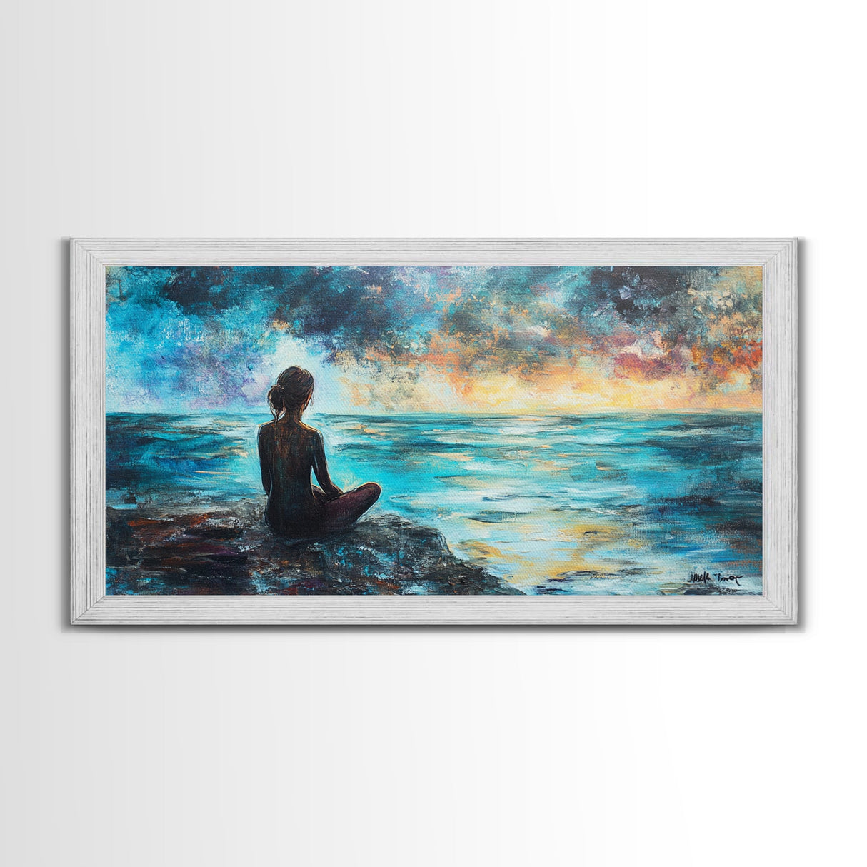 Woman Meditating Coastal Sunset Framed Canvas Print Yoga Art Nautical Wall Art Bedroom Decor Perfect Gift Idea Coastal Cowgirl Artwork