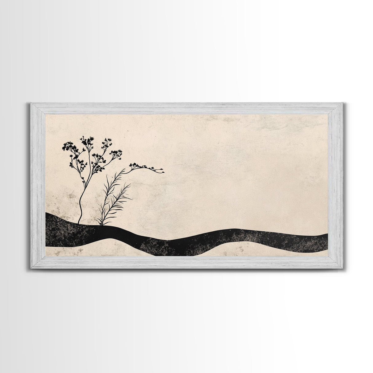 Minimalist Nature Framed Canvas Print, Wabi Sabi Wall Art Above Sofa Decor, Rustic Botanical Artwork Idea Horizontal Bedroom Decor