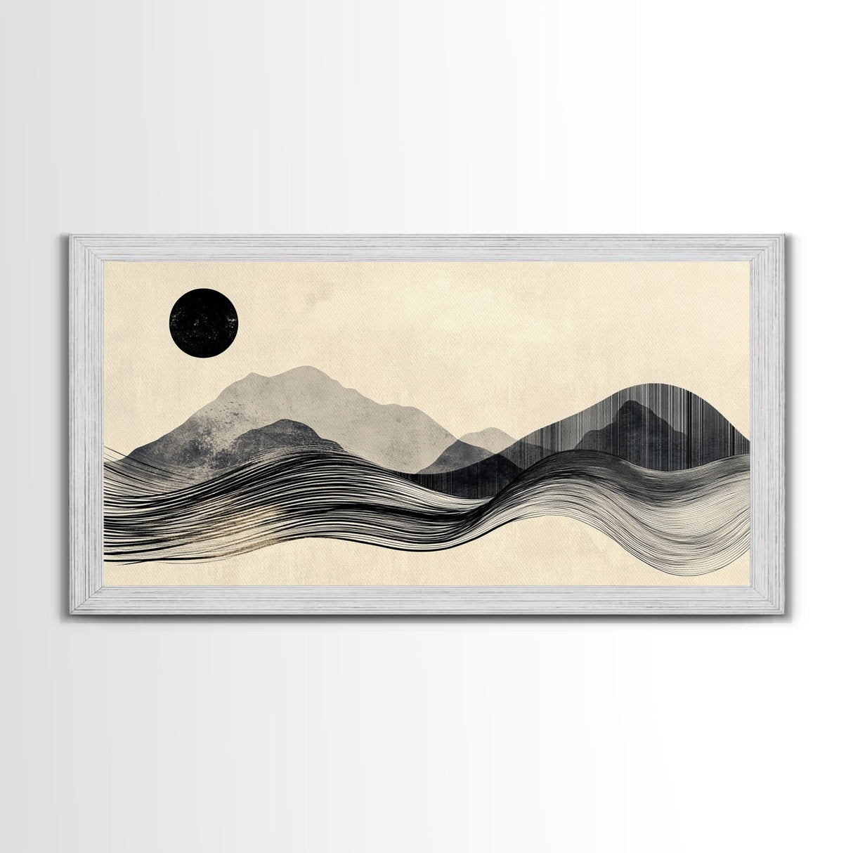 Abstract Mountain Landscape Framed Canvas Print, Wabi Sabi Wall Art Minimalist Decor, Rustic Line Art Idea Bedroom Artwork Vertical Design