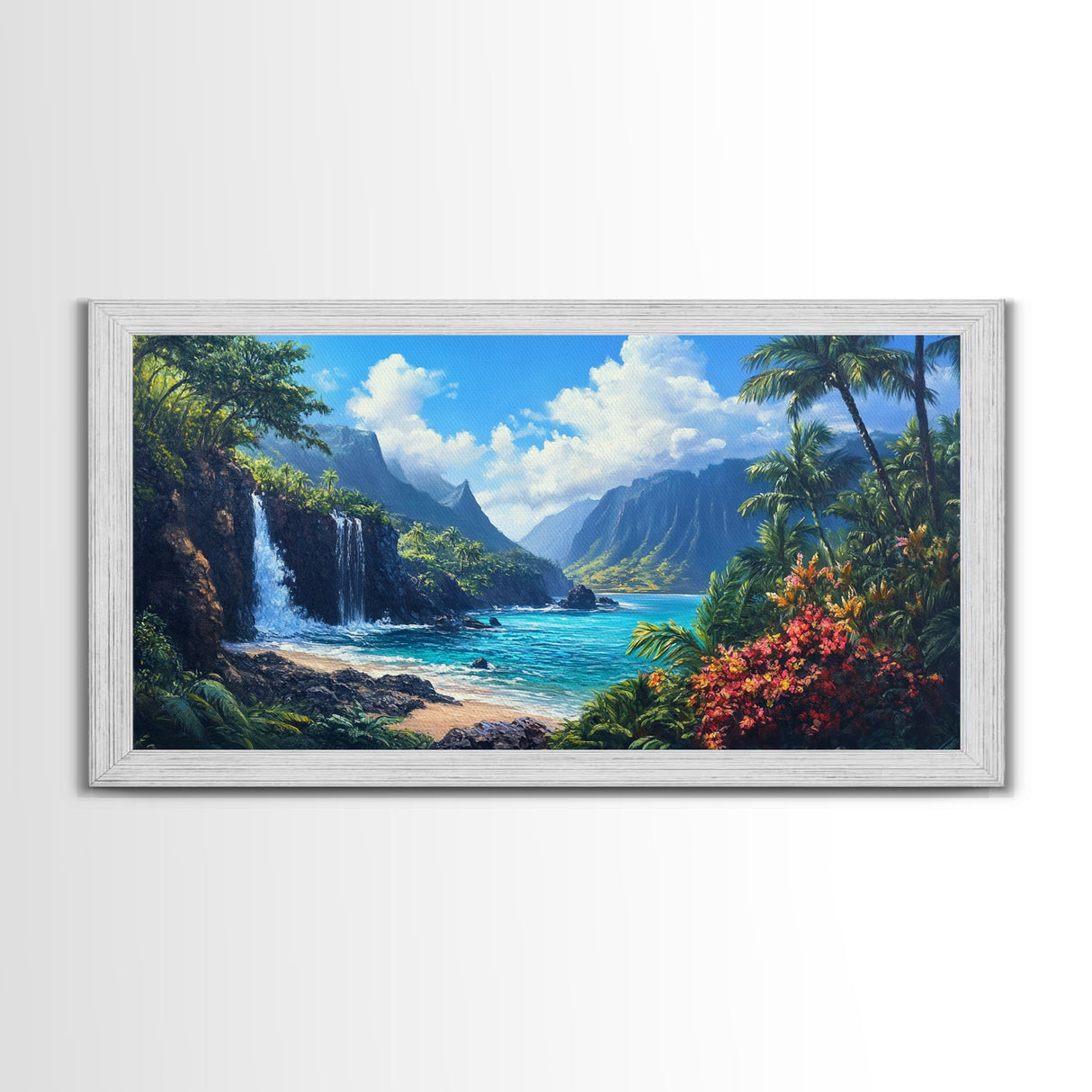 Waterfall Paradise Canvas Print Hawaii Art Coastal Wall Art Above Sofa Decor Rustic Landscape Painting Living Room Art Gift Idea