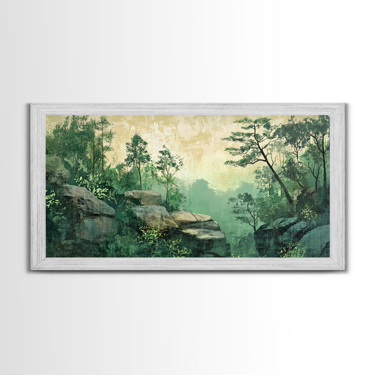 Green Forest Serenity Framed Canvas Print with Mountain Landscape Art and Sage Green Wall Art Perfect Living Room Rustic Decor