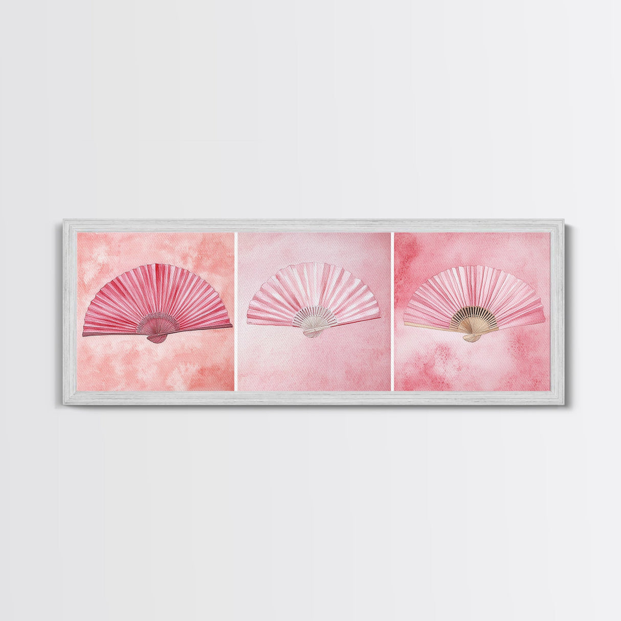 Trio of Elegant Fans Canvas Print, Minimalist Boho Pink Artwork, Oriental Fan Wall Art for Bedroom, Light Pastel Wall Decor Idea