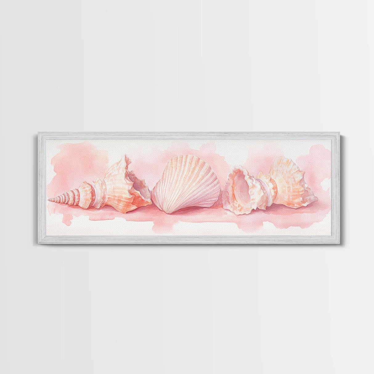 Shell Painting Framed Canvas Print Featuring Coastal Shells in Pastel Pink, Nautical Decor Idea, Horizontal Coastal Artwork