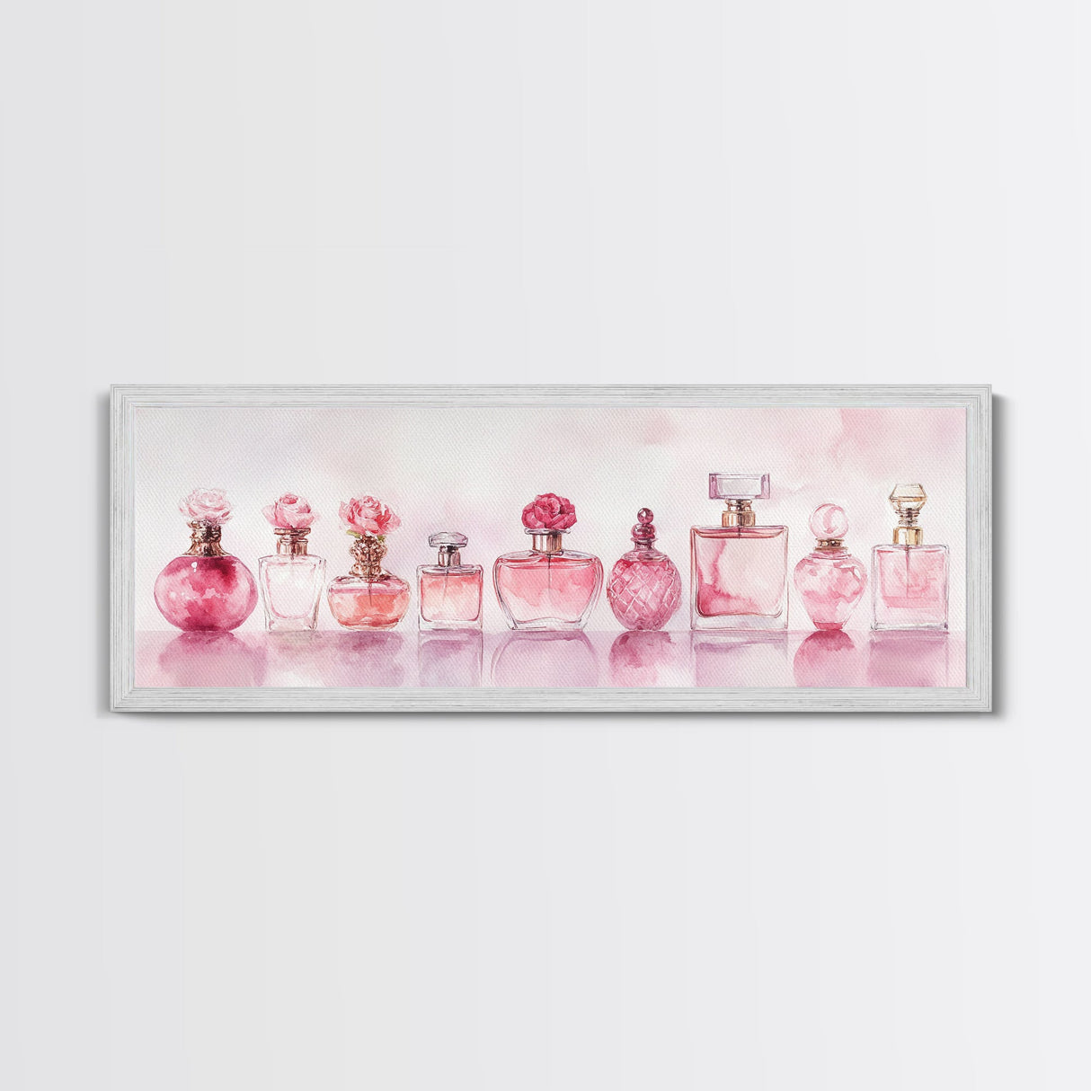 Framed Canvas Print Perfume Bottle Art Pink Abstract Art Feminine Decor Gift Idea Minimalist Living Room Wall Art Horizontal Painting