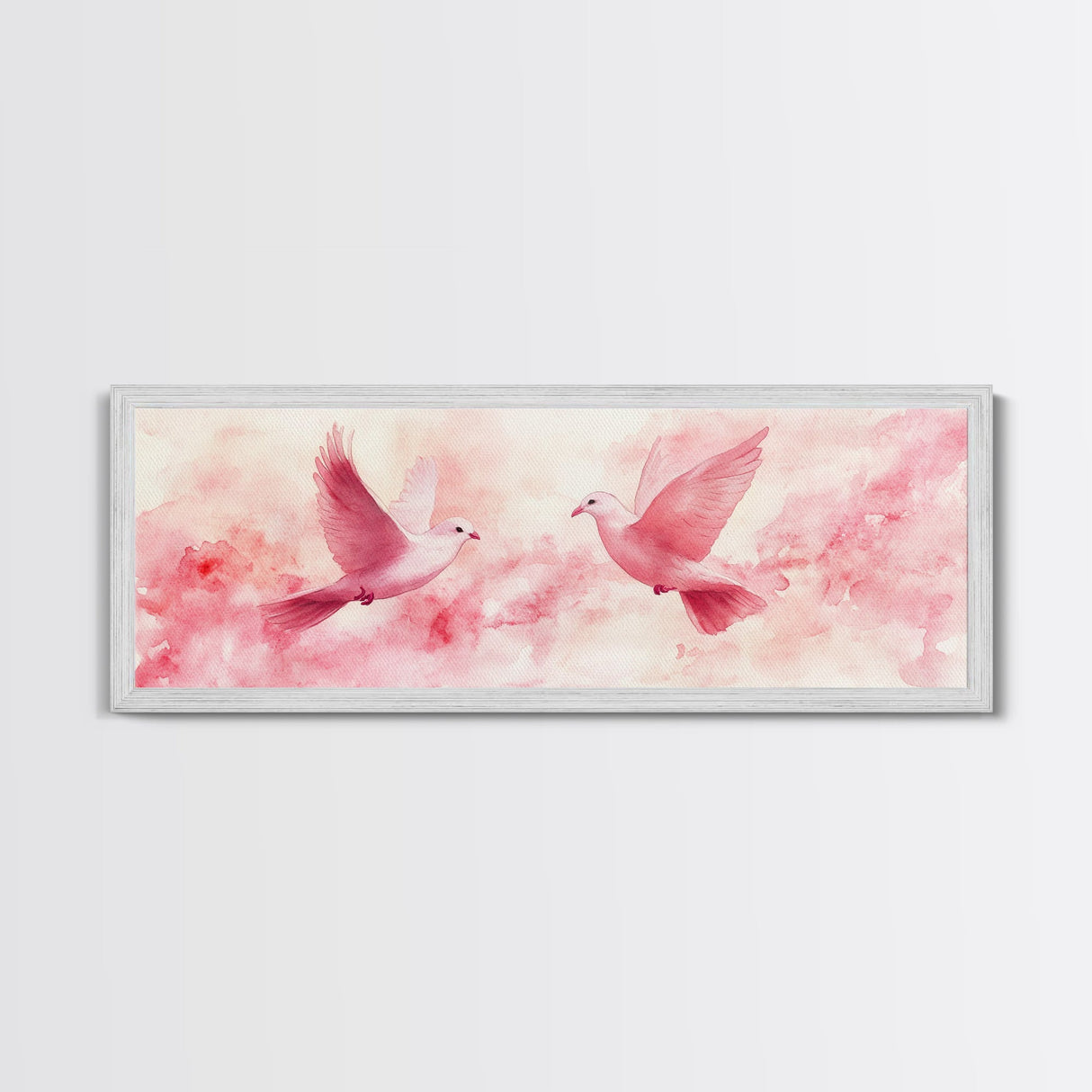 White Doves in Flight Artwork, Framed Canvas Print, Angelic Light Pink Wall Art, Whimsical Bedroom Decor, Feminine Spring Style
