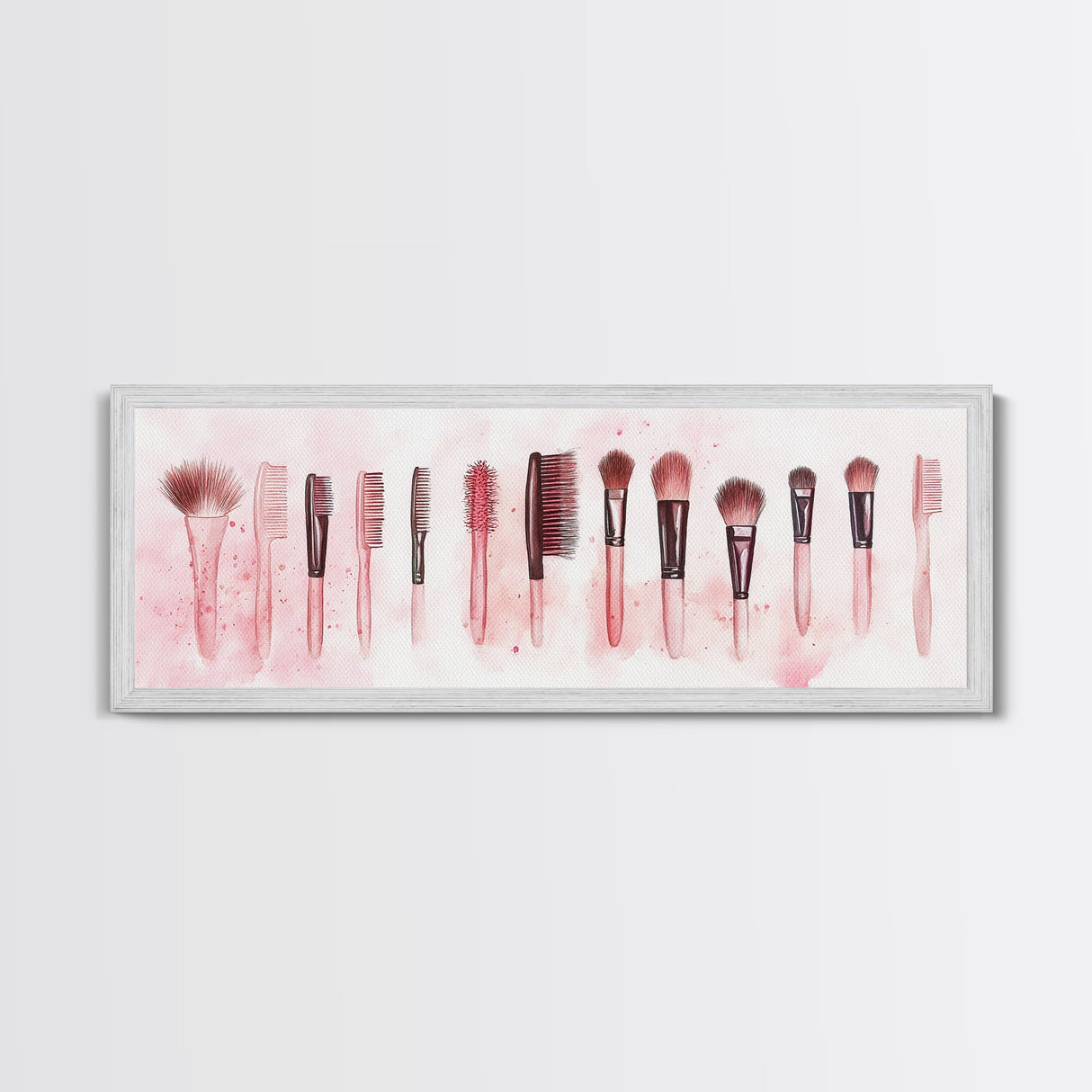 Framed Canvas Print of Makeup Brushes and Combs in Pink Ideal Gift Idea with Whimsical Art for Vanity or Beauty Room Wall Decor