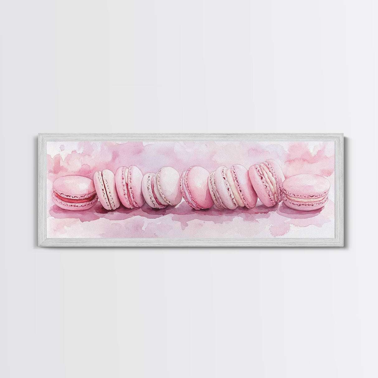 Whimsical Macarons Pink Wall Art Framed Canvas Print Extra Wide Horizontal Dessert Painting Food Review Kitchen Art