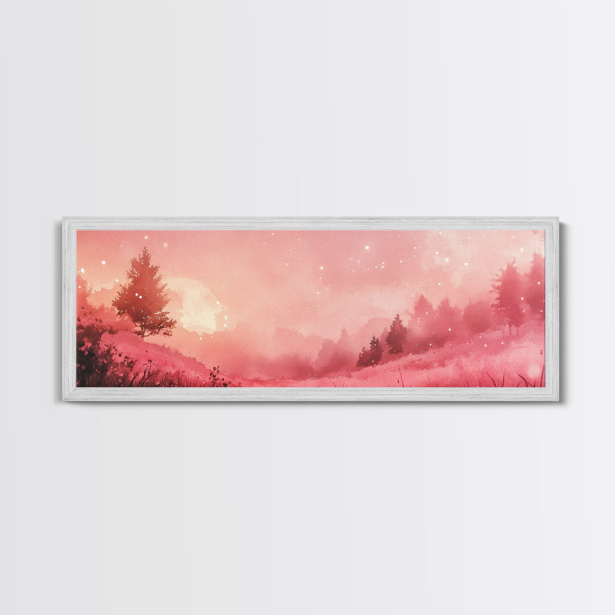 Misty Pink Landscape Canvas Print Forest at Dusk Painting Light Pink Wall Art Smoky Mountain Art Panoramic Art Bedroom Decor Gift