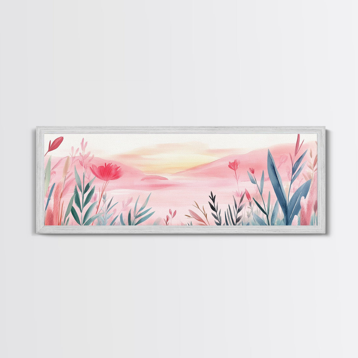 Wildflower Horizon Canvas Print, Light Pink Coastal Landscape Art, Panoramic Wall Art, Above Sofa Decor, Nature-Inspired Artwork
