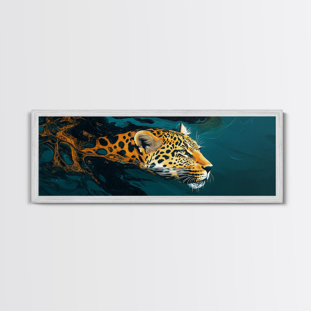 Leopard In Motion Framed Canvas Print - Abstract Jungle Painting, Teal And Orange Wildcat Art, Modern Safari Wall Decor, Bedroom Accent