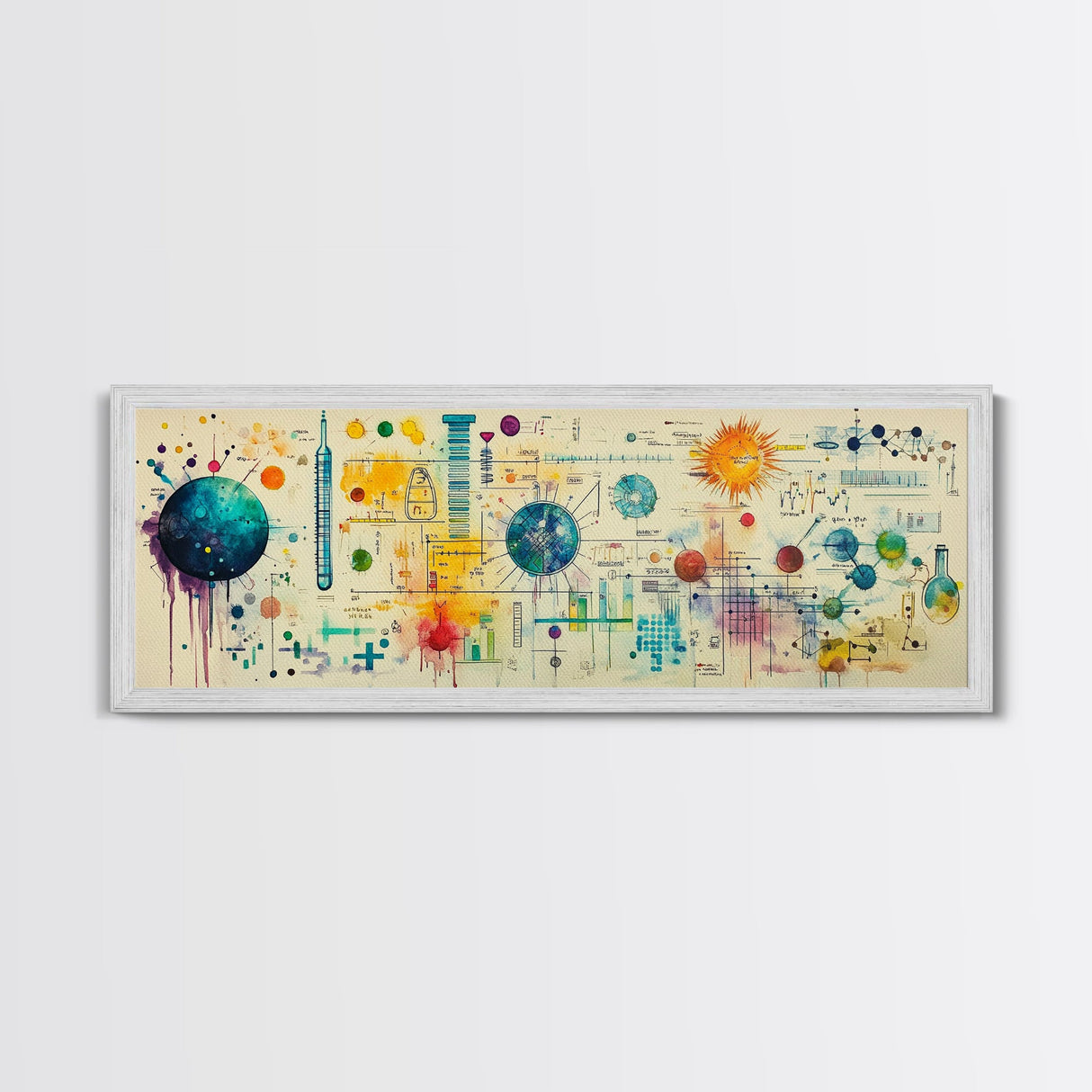 Framed Canvas Print of Science Art with Abstract Diagrams, Therapy Art, Brain Art, Panoramic Wall Art, Horizontal Living Room Art