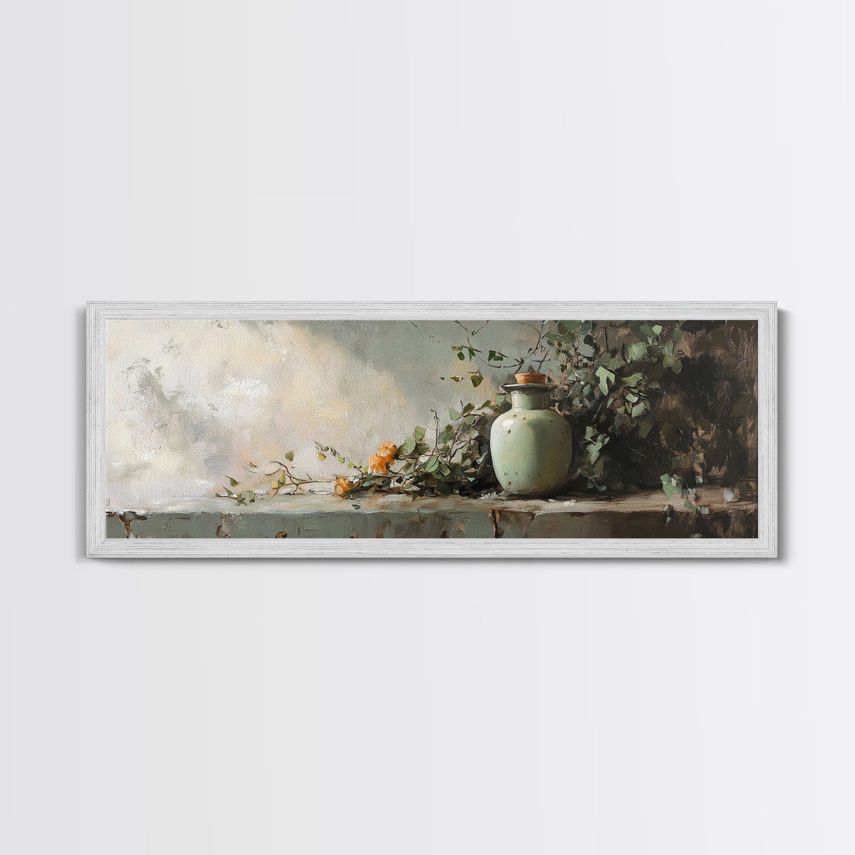 Minimalist Vase with Leaves Framed Canvas Print – Botanical Prints, Green Wall Art, Rustic Wall Art, Above Bed Wall Art, Gift Idea For Her