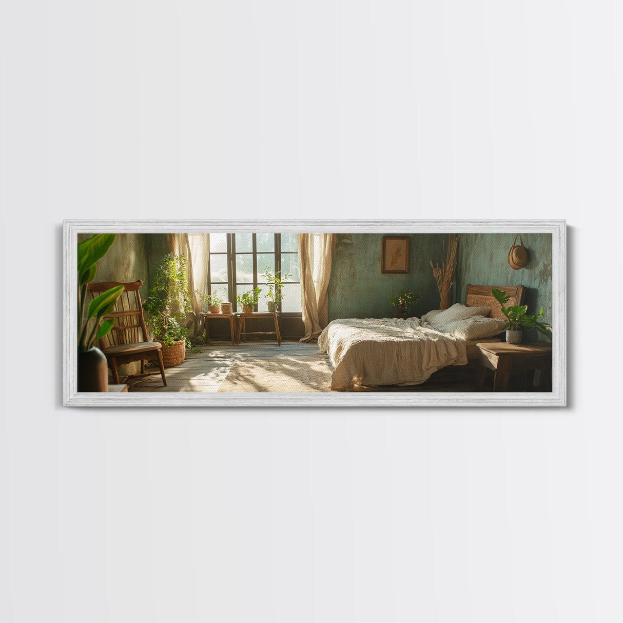 Minimalist Bedroom Serenity Framed Canvas Print, Wabi Sabi Botanical Art, Rustic Farmhouse Bedroom Decor, Light Filled Sage Green Artwork