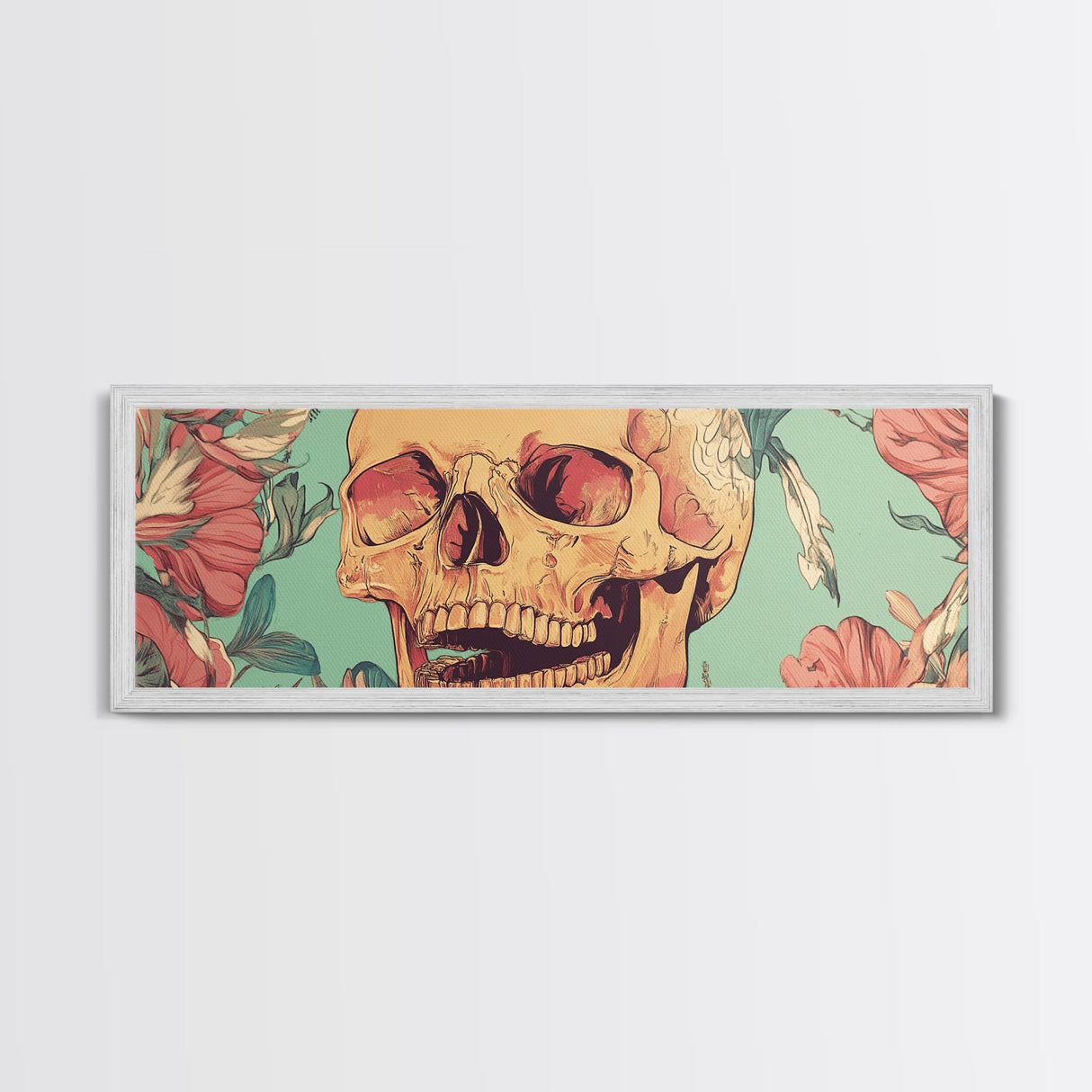 Skull Art with Wildflower Motif Framed Canvas Print, Botanical and Whimsical Wall Art Gift Idea, Rustic and Moody Decor Living Room Art