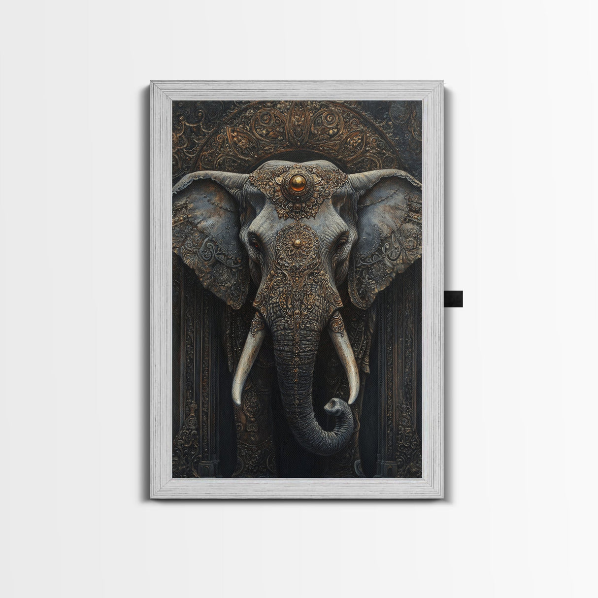Ornate Elephant Kerala Mural Framed Canvas Print – Ganesh Wall Art, Sacred Geometry Art, Indian Inspired Decor Rustic Living Room Art