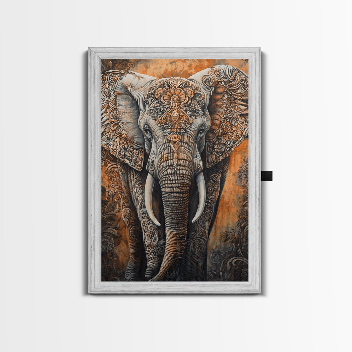 Indian Elephant Art Framed Canvas Print – Kerala Mural Painting, Sacred Geometry Decor, Ganesh Wall Art, Rustic Boho Living Room Art