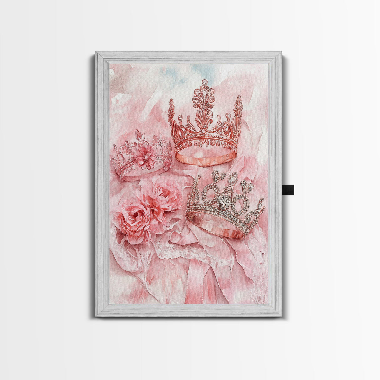 Elegant watercolor crowns and roses painting, framed canvas print, rose painting, goddess art print, chic pink wall art for living room