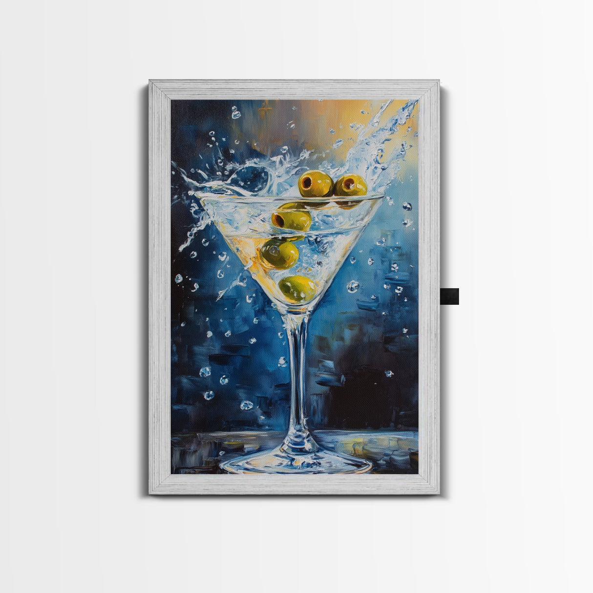 Elegant Olive Martini Framed Canvas Print with Vibrant Cocktail Art for Living Room or Kitchen, Rustic Home Decor