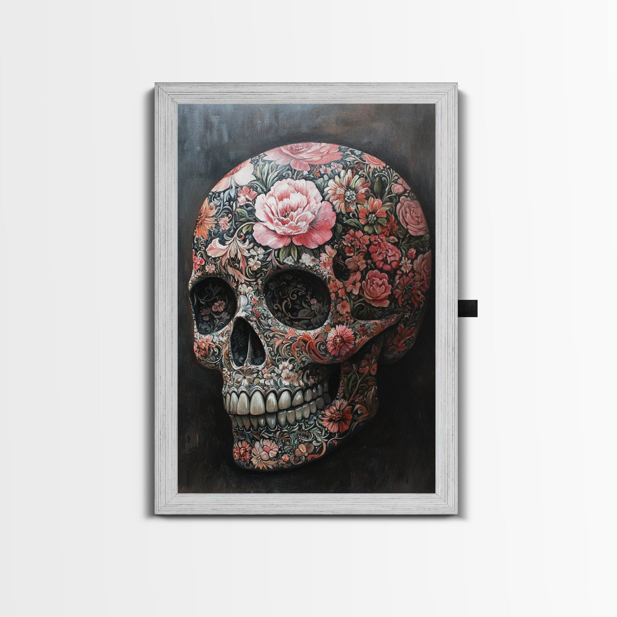 Skull Art Framed Canvas Print with Intricate Floral Patterns in Gothic Boho Style, Chinoiserie-Inspired Rustic Bedroom or Living Room Art