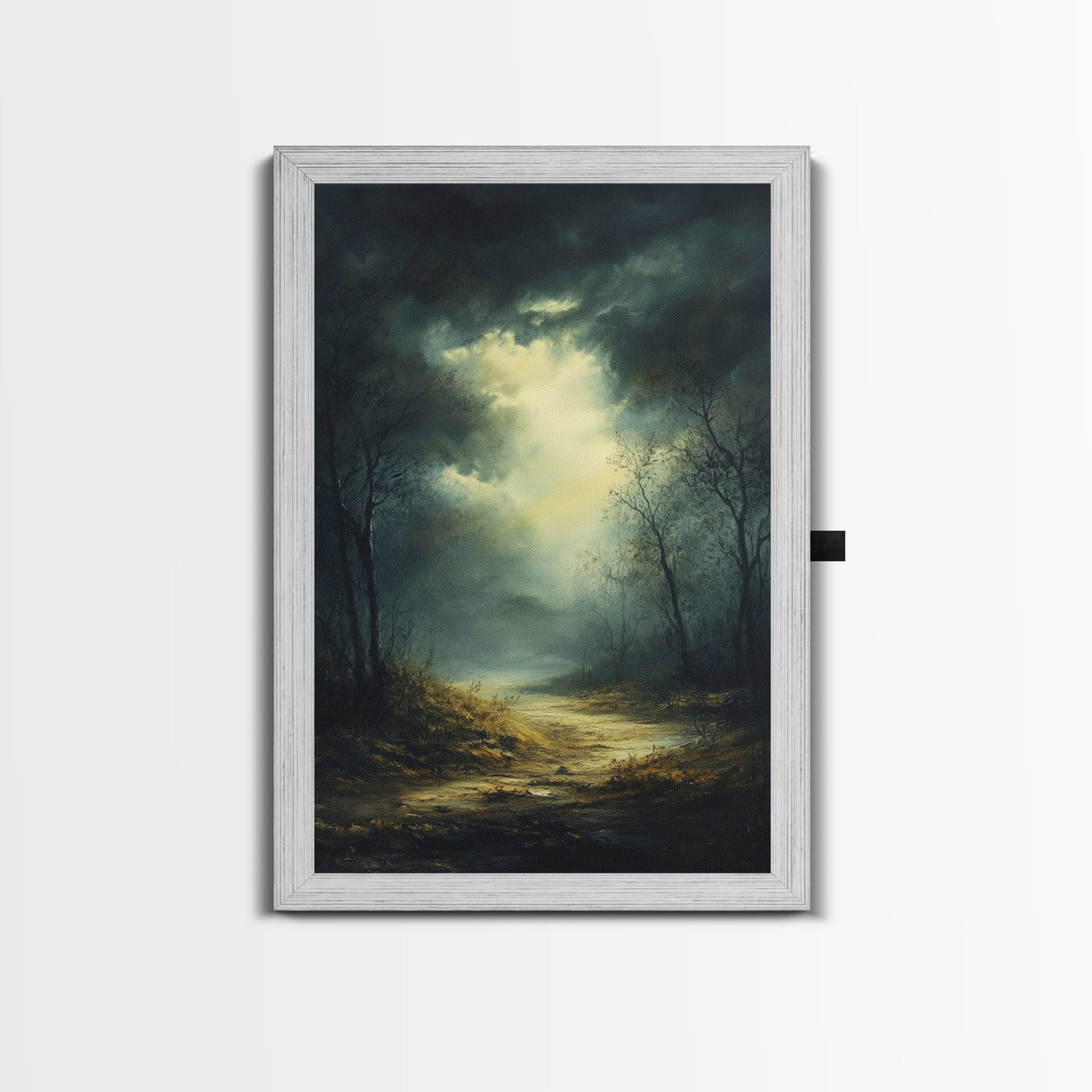 Forest at Dusk Framed Canvas Print with Moody Dark Romance Painting, Fall-Inspired Smoky Mountain Art Perfect Above Bed Wall Decor