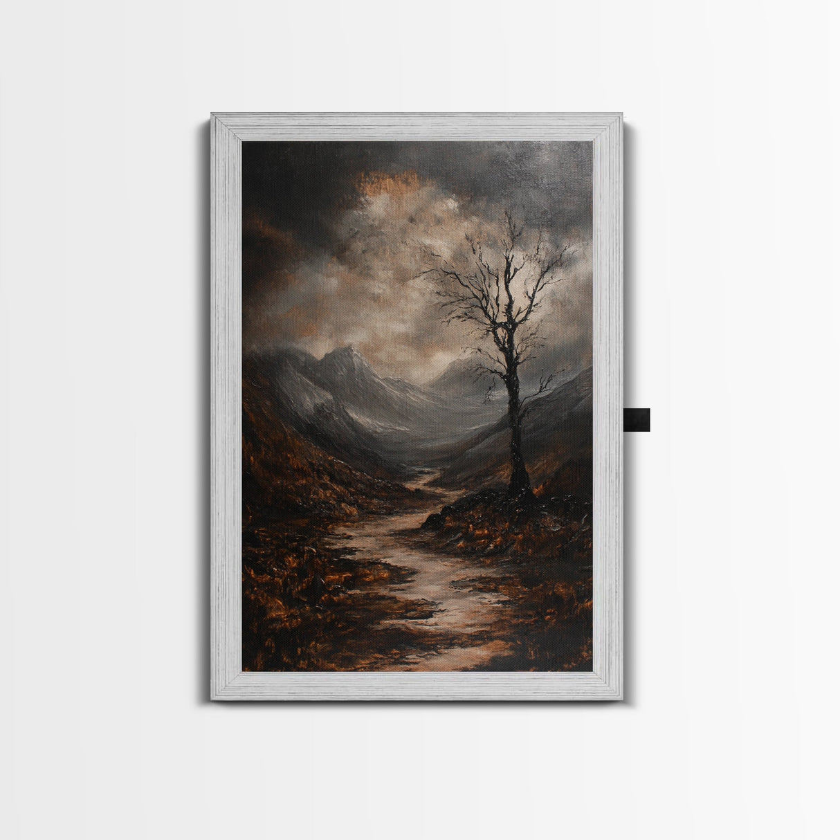 Mountain Painting Framed Canvas Print with Mystical Sunrise Over Autumn Forest Path, Rustic Landscape Art with Moody Coastal Vibes