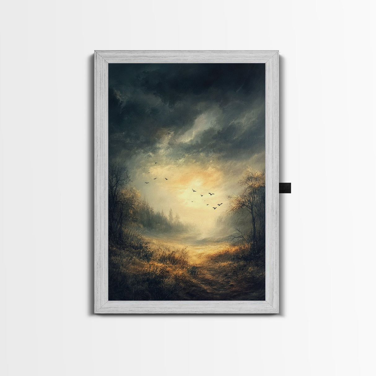 Landscape Painting Framed Canvas Print Featuring Sunset Over Autumn Forest with Dark Romantic Smoky Mountain Art and Rustic Decor