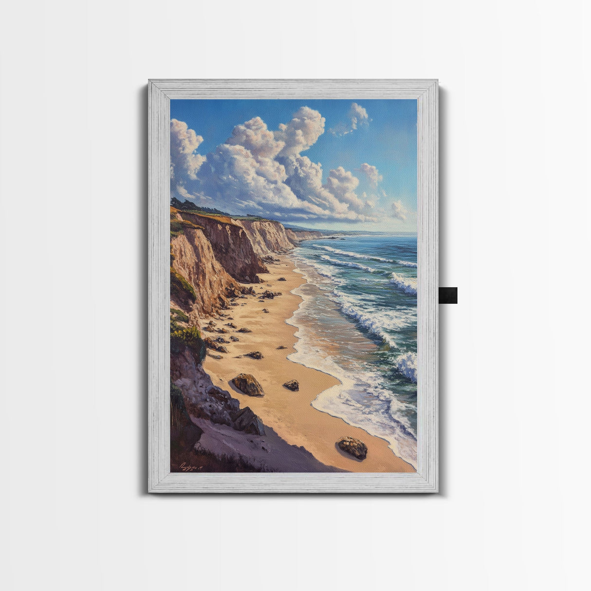 Sunny Beach Landscape Framed Canvas Print Coastal Seascape Painting Nautical Wall Art Gift Idea Bedroom Decor Rustic Nautical Painting