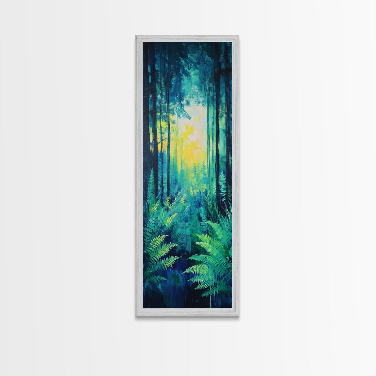 Forest Glow, pine tree art, moody art, landscape painting, above sofa art, gift idea for her, Framed Canvas Print