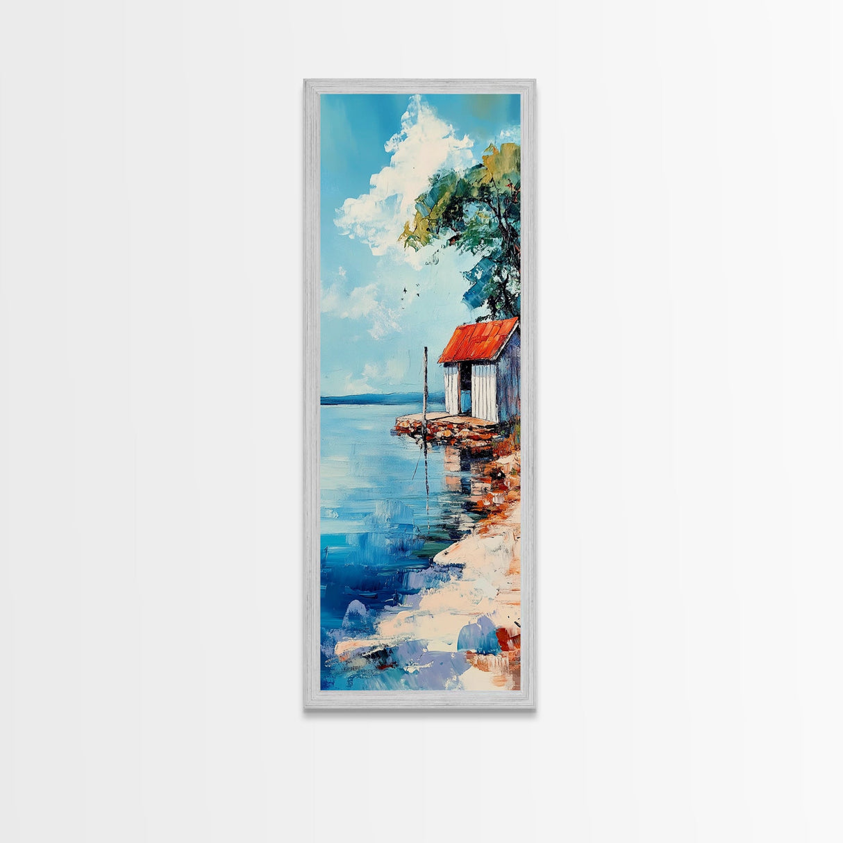 Lakeside Cabin, coastal landscape art, nautical decor, rustic art, beach house wall art, above bed wall art, Framed Canvas Print