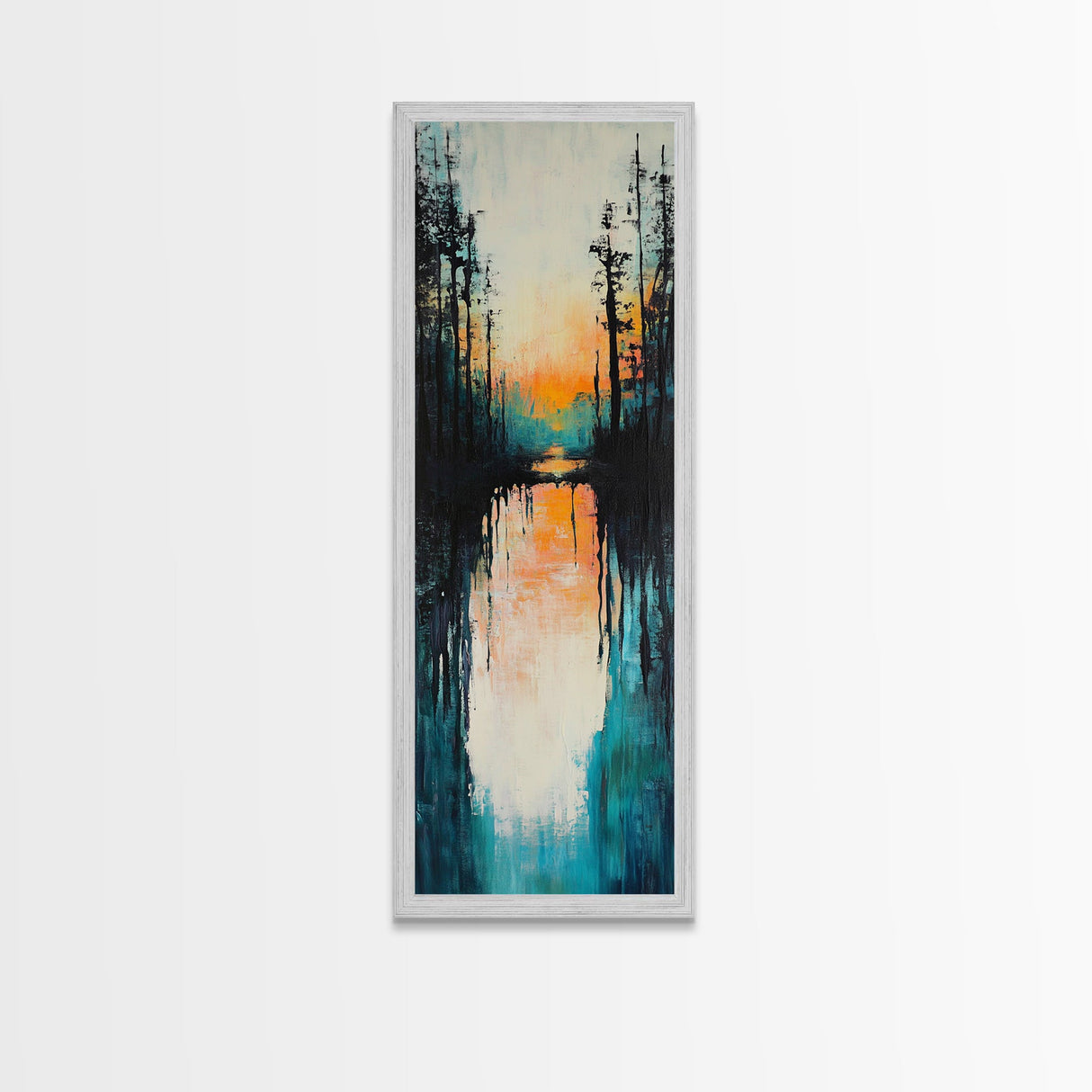 Sunset Reflection, coastal painting, pink orange wall art, lake Tahoe art farmhouse art, Framed Canvas Print, panoramic art