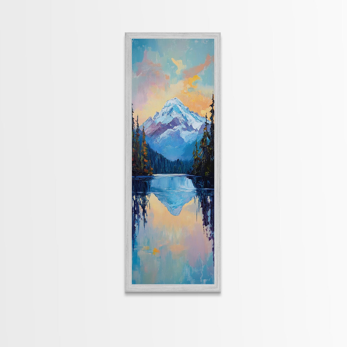 Sunset Mountain, lake Tahoe art, pine tree art, mountain painting, rustic wall art, above couch art, Framed Canvas Print