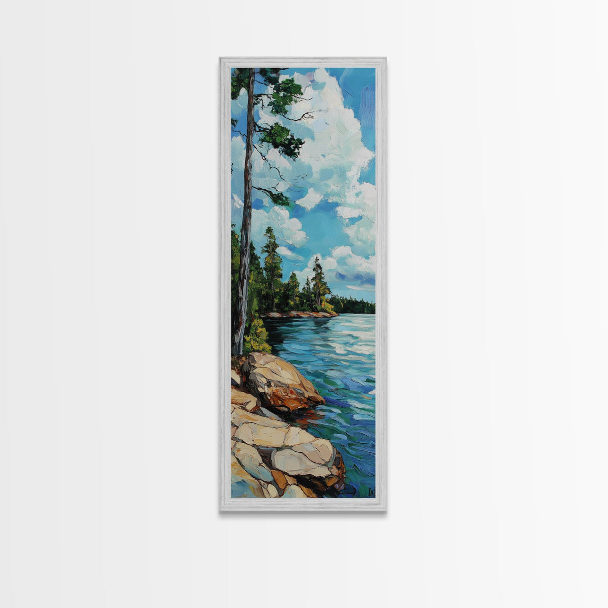 Rocky Shore, Pine Tree Art, Coastal Landscape, Nautical Painting, Blue and Green Wall Art, Framed Canvas Print,