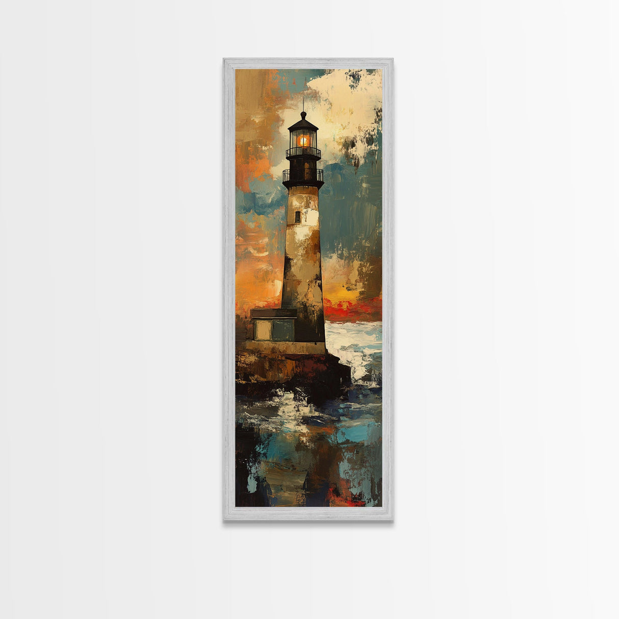 Rustic Lighthouse, Nautical Wall Art, Moody Painting, Coastal Landscape, Seascape Painting, Framed Canvas Print