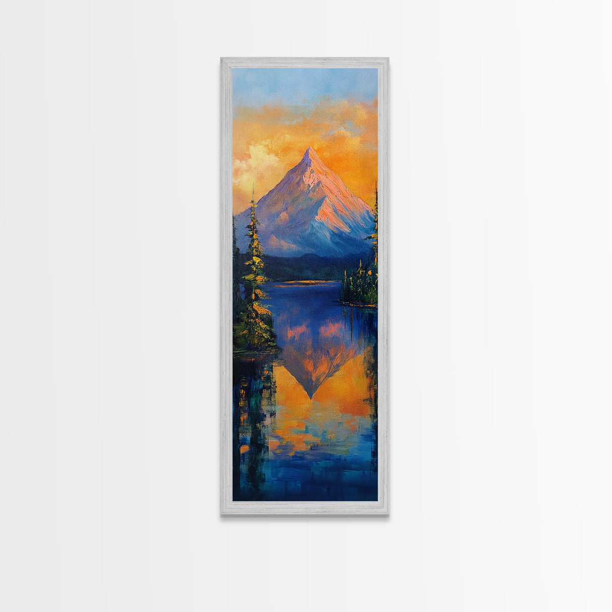 Landscape Painting, Framed Canvas Print, blue and green wall art, panoramic painting, extra wide art, mountain painting