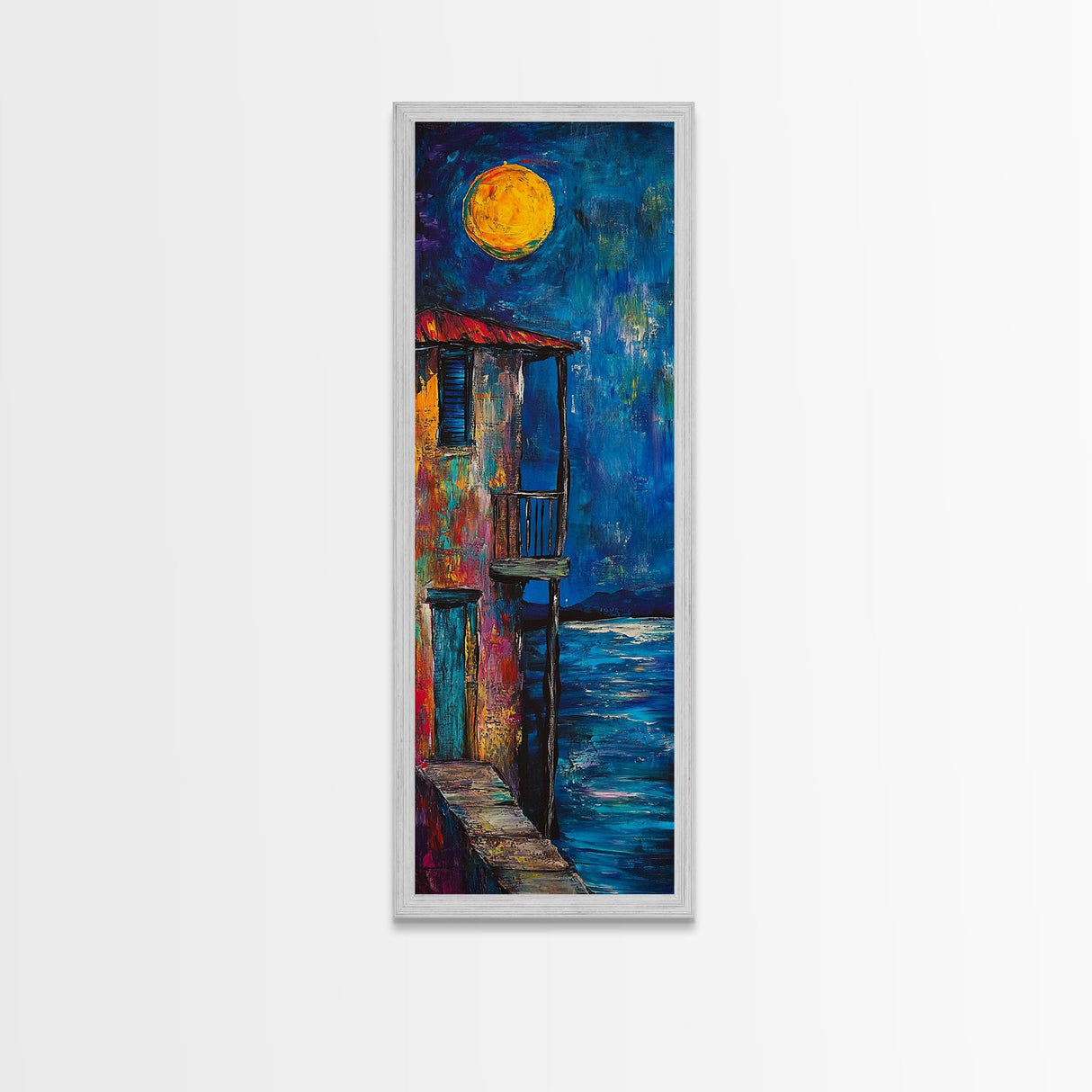 Moonlit Balcony, dark romance painting, moody art, boho art, textured painting, Framed Canvas Print, vertical wall art