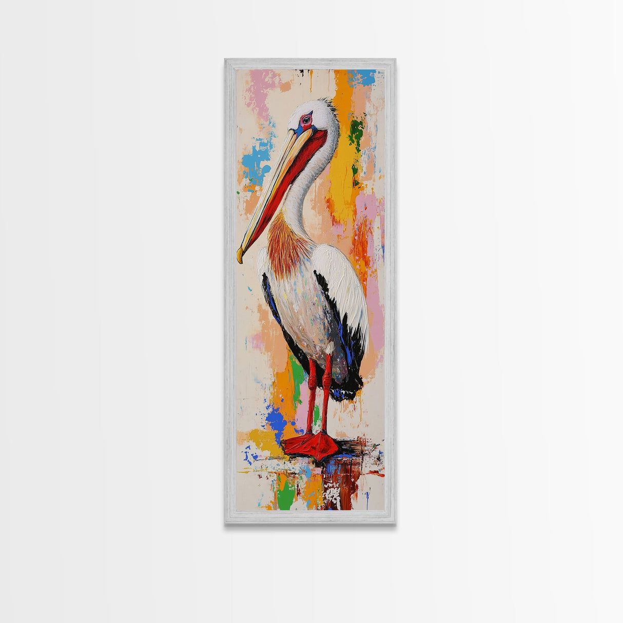 Colorful Pelican, bird art, framed canvas print, whimsical art, vibrant wall art, coastal decor, blue heron painting, rustic art